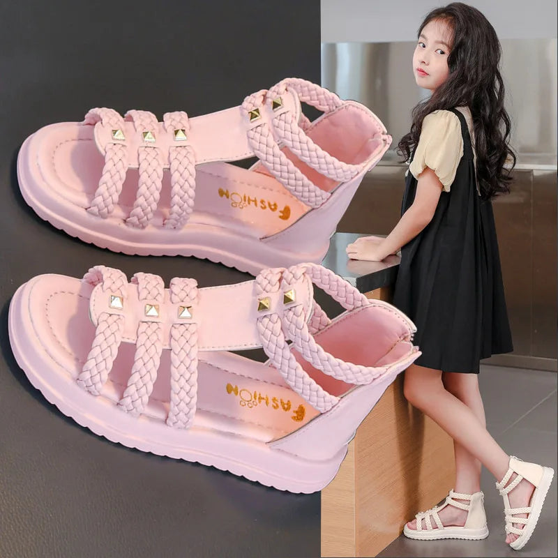 Girls' Braided Roman Sandals with Rivets for Summer