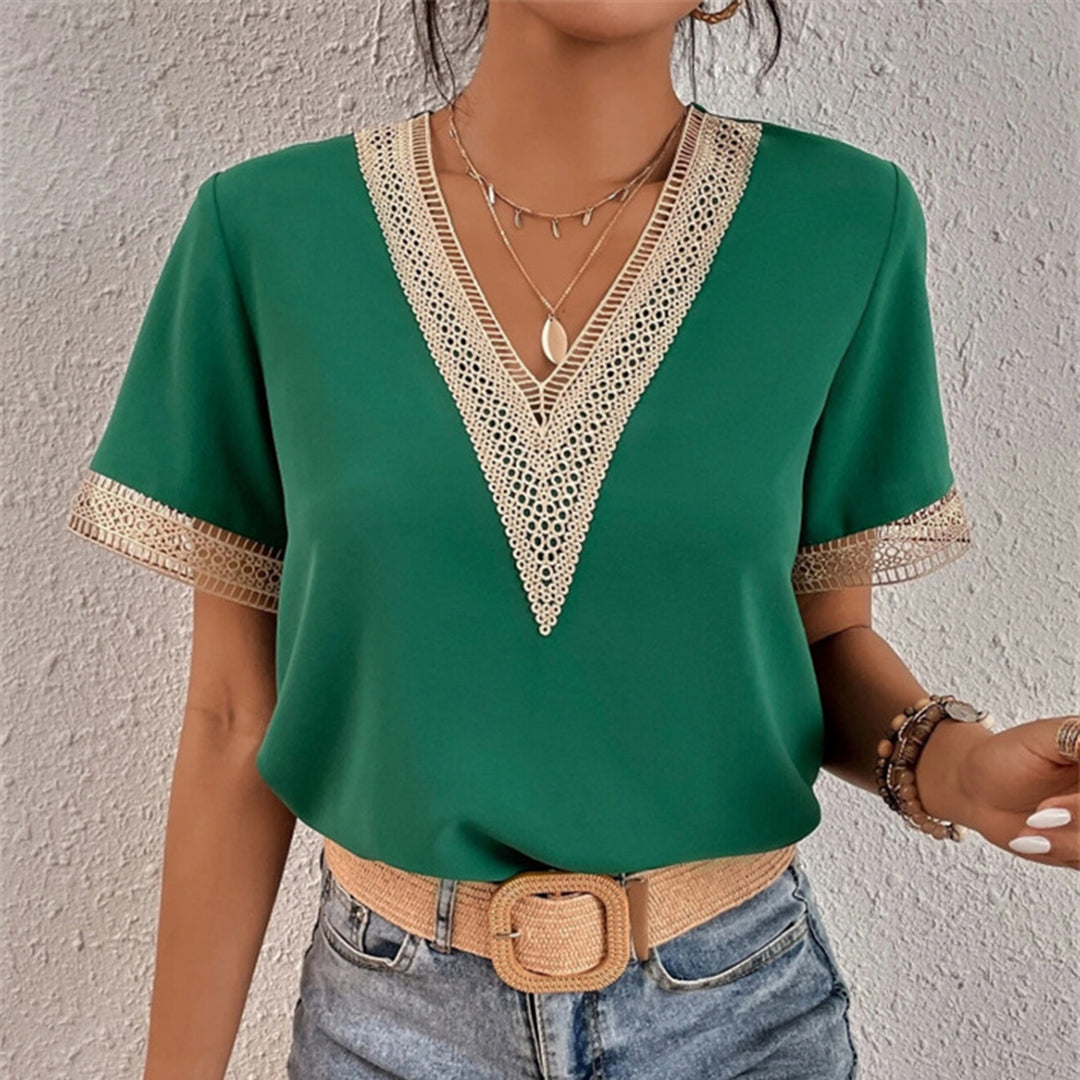 Ivyshape | Women's V Neck Gold Accent Blouse Short Sleeves