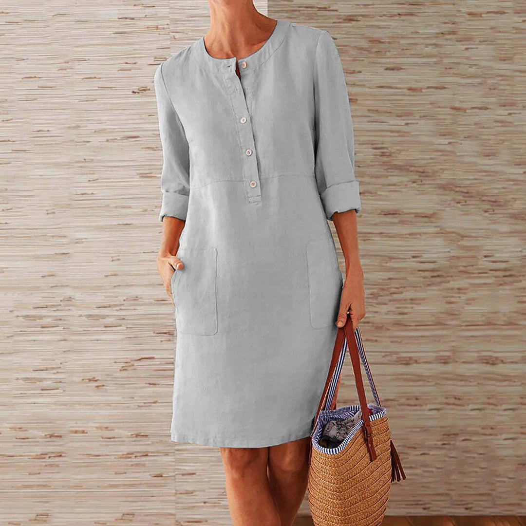 Ivyshape | Long-sleeved dress made of cotton and linen
