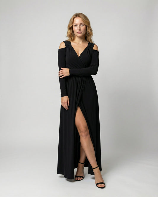 evening maxi dress with flowing silhouette and high thigh slit