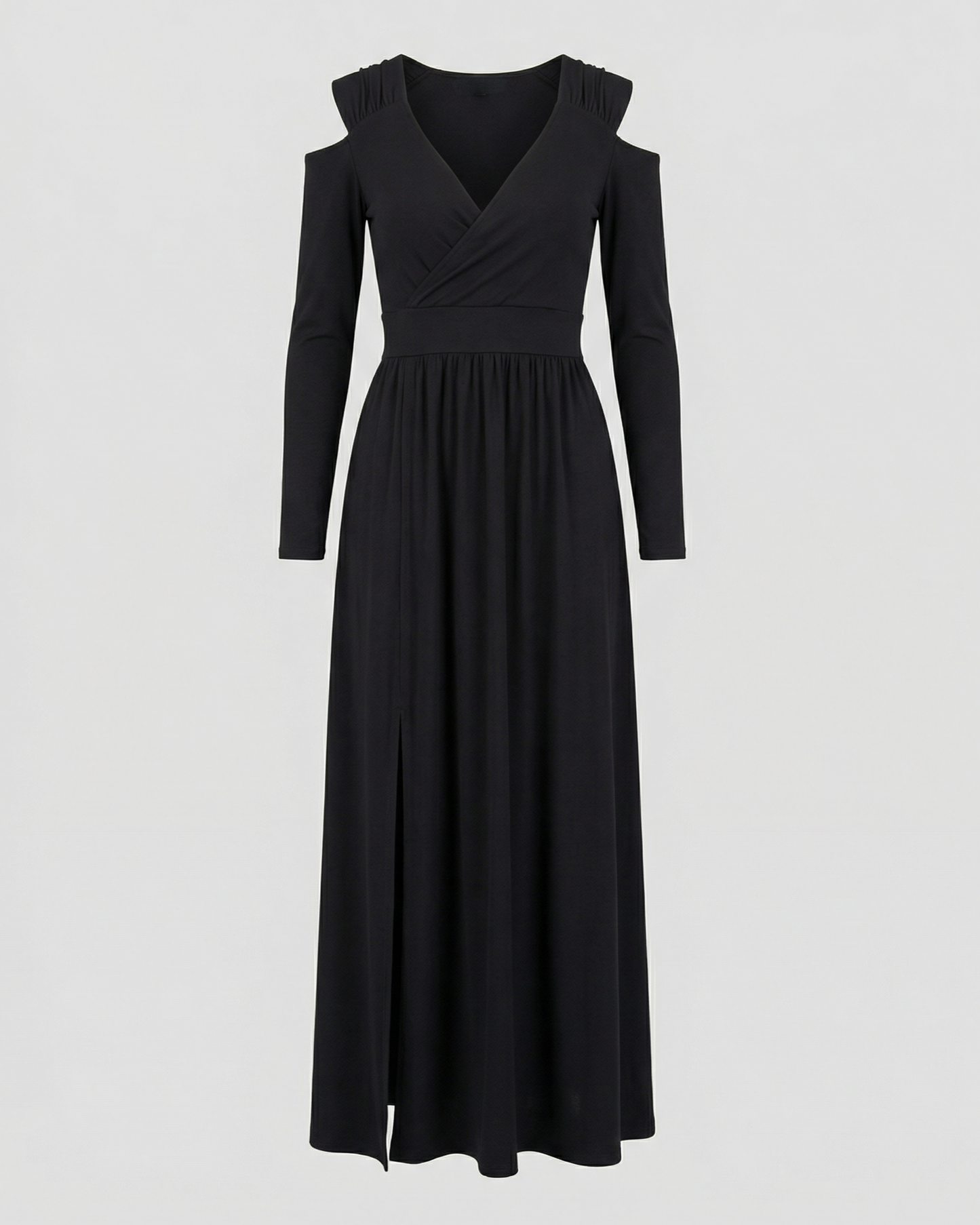 evening maxi dress with flowing silhouette and high thigh slit