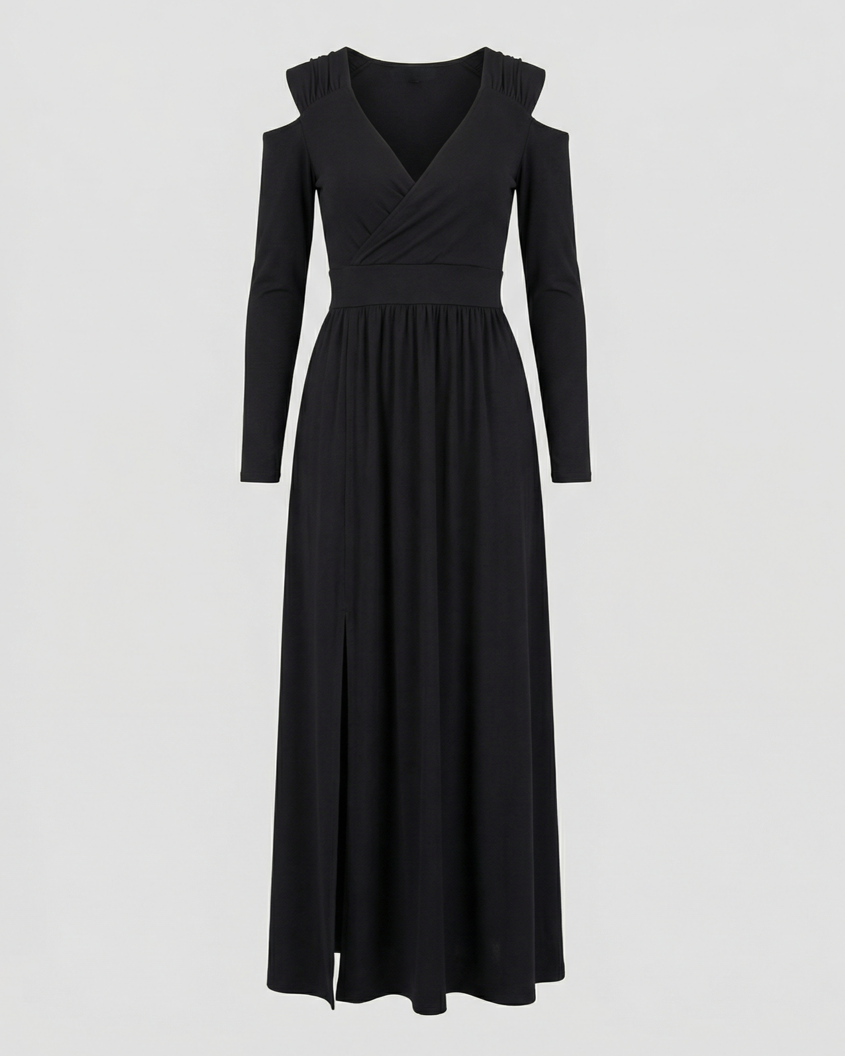 evening maxi dress with flowing silhouette and high thigh slit