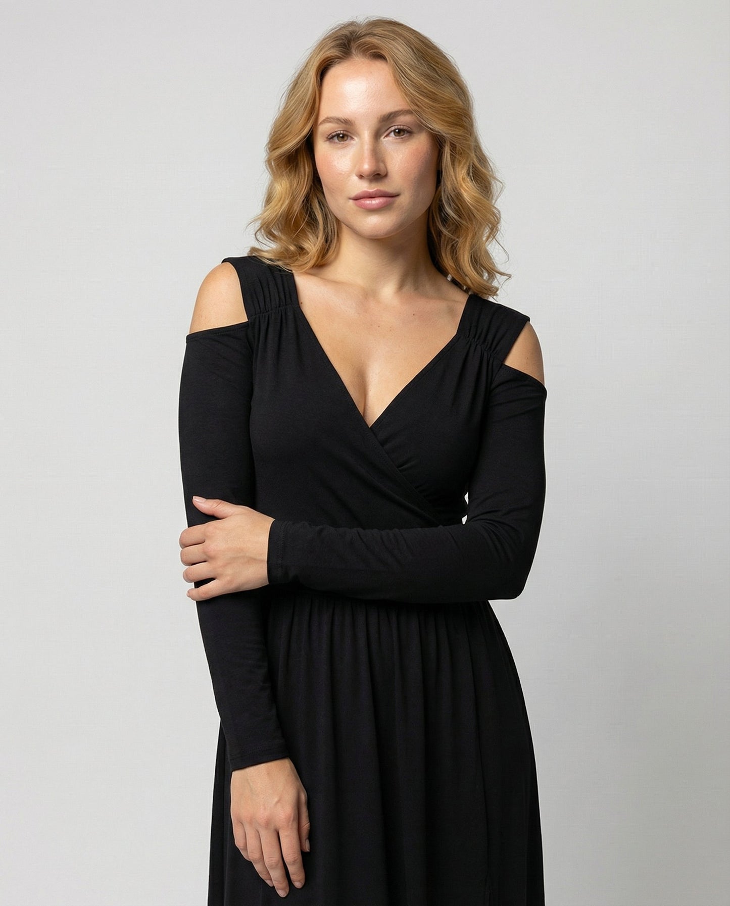 evening maxi dress with flowing silhouette and high thigh slit