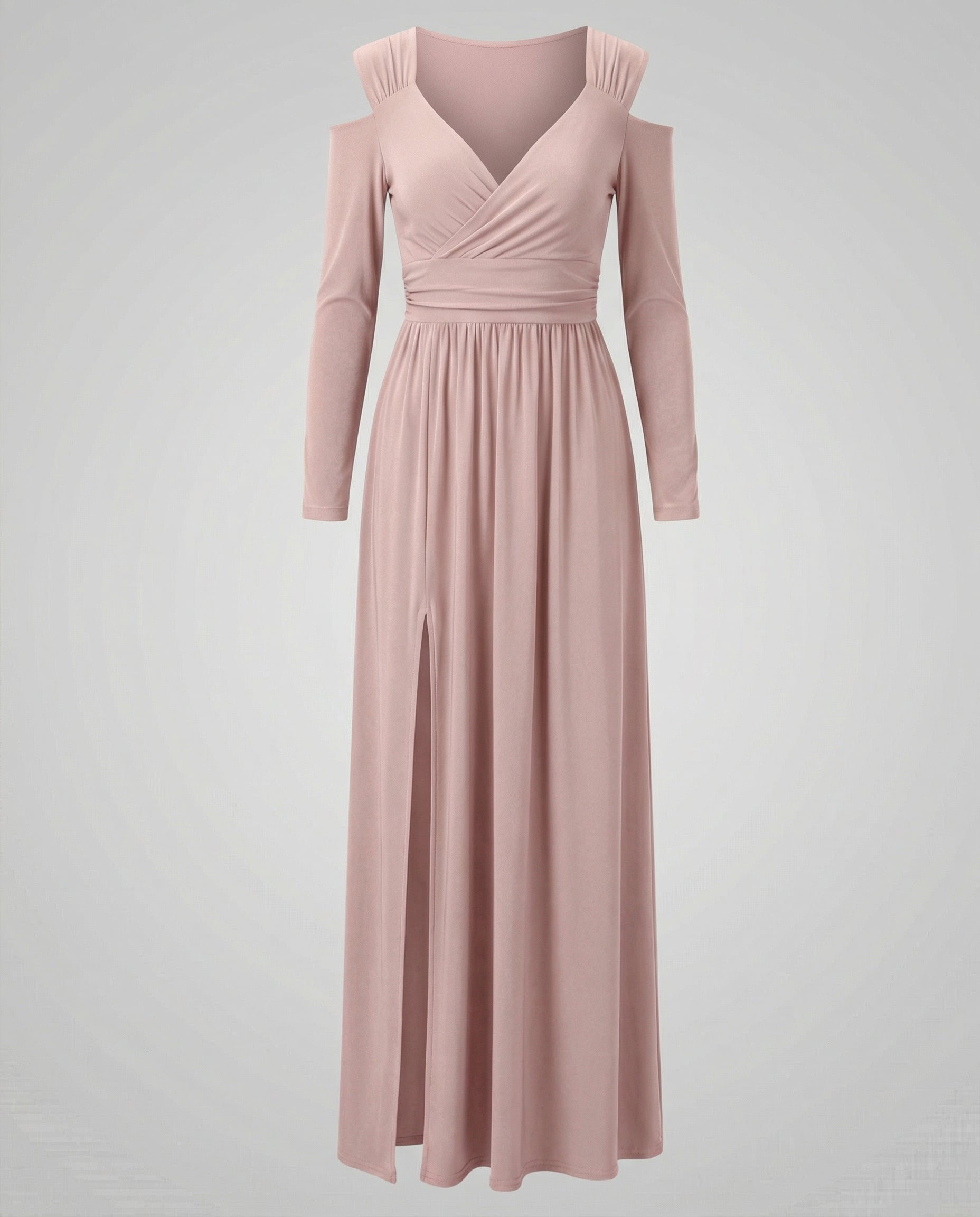 evening maxi dress with flowing silhouette and high thigh slit