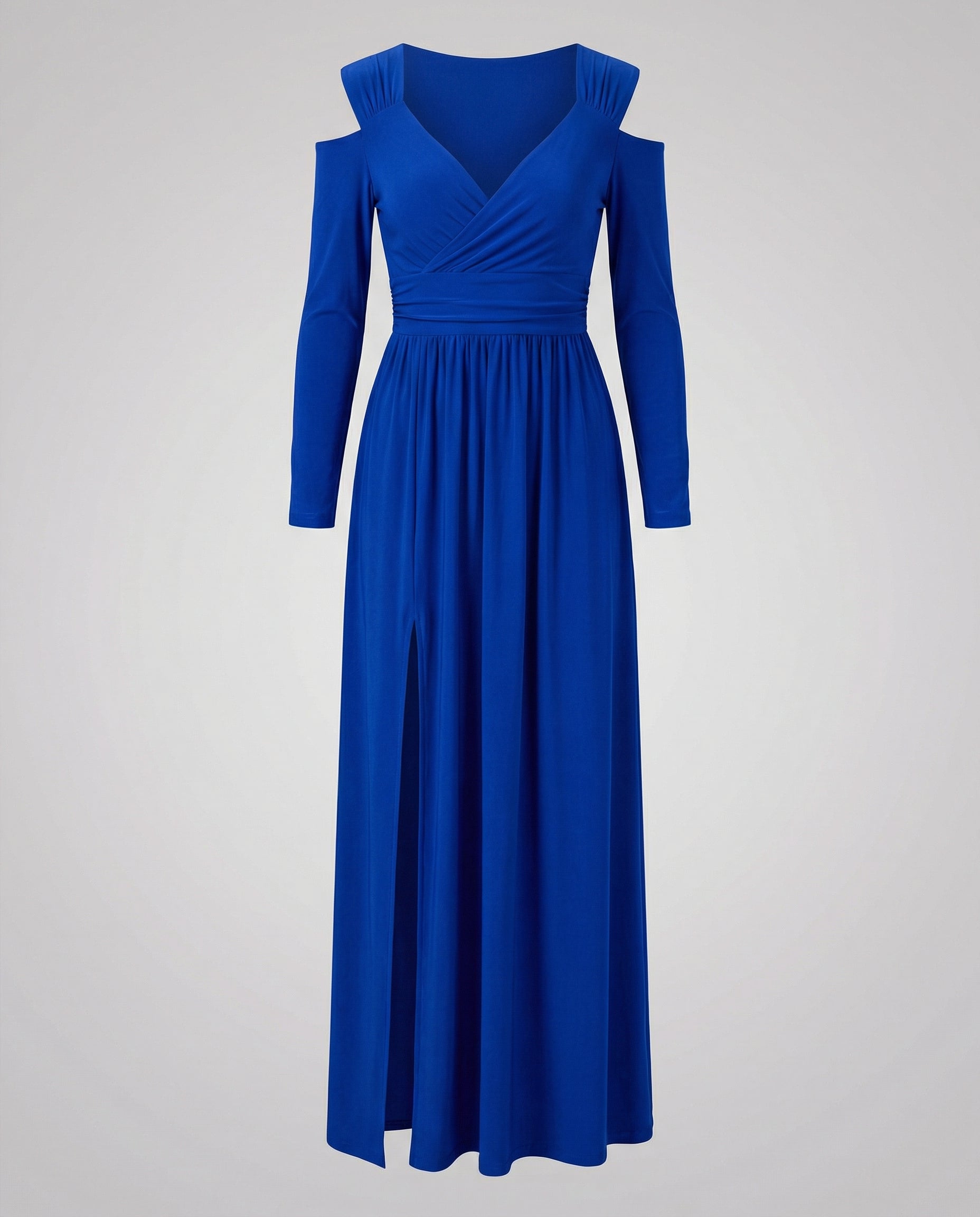 evening maxi dress with flowing silhouette and high thigh slit