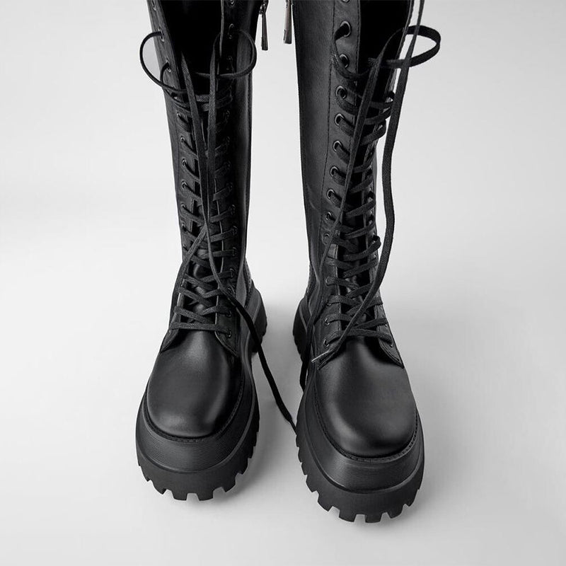 Ivyshape | High boots women black with lacing track sole