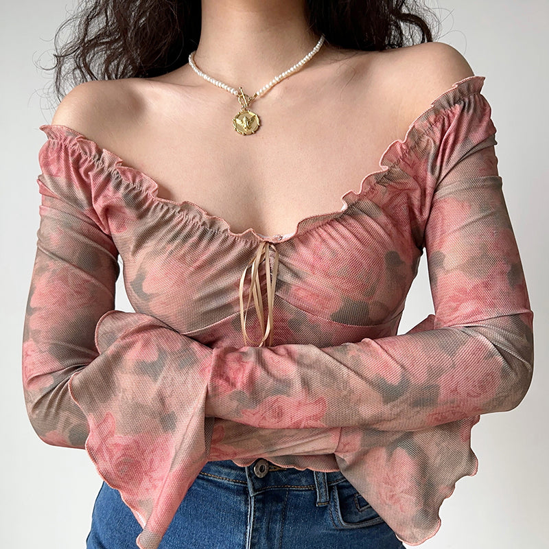 Women's Floral Printed Ruffle Blouse with Flare Sleeves