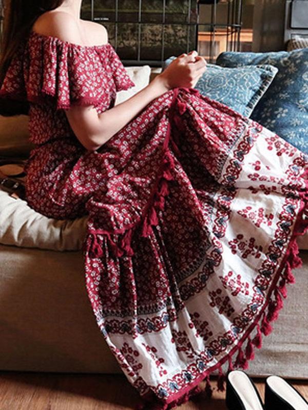 Tassel Off The Shoulder Dress Floral Print Maxi Hippie Long Dress