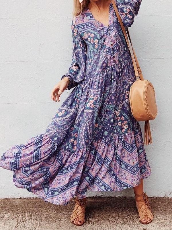 Floral Long Sleeve V-neck Button Maxi Loose Dress