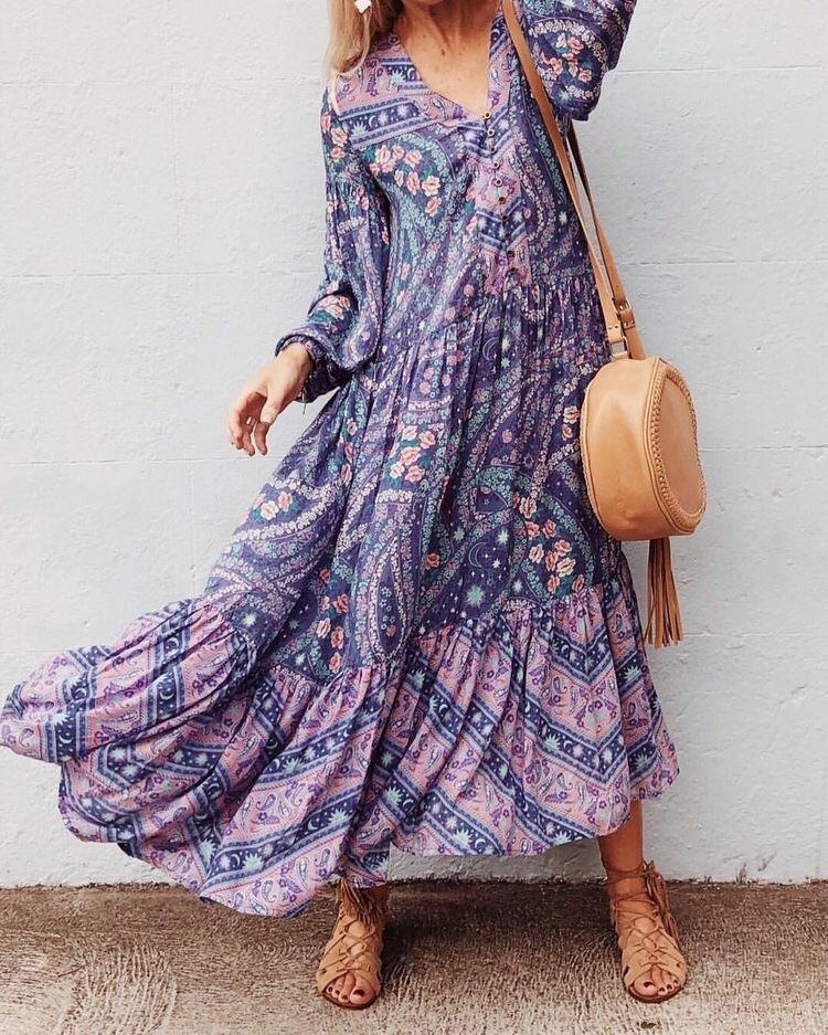 Floral Long Sleeve V-neck Button Maxi Loose Dress