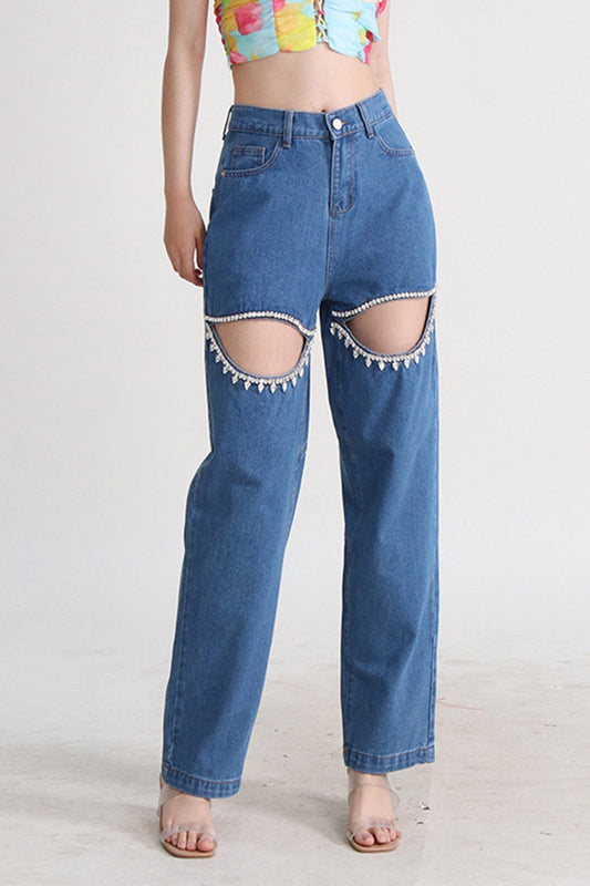 Rise Beading Cutout Straight Denim Jeans