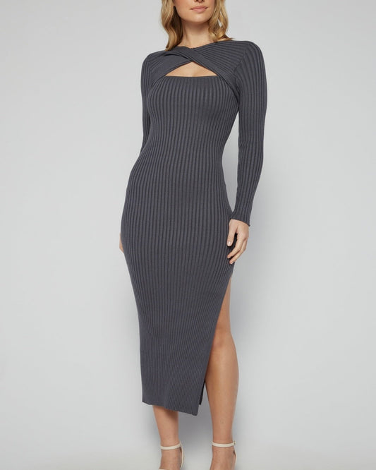 Neckline Knit Dress Charcoal