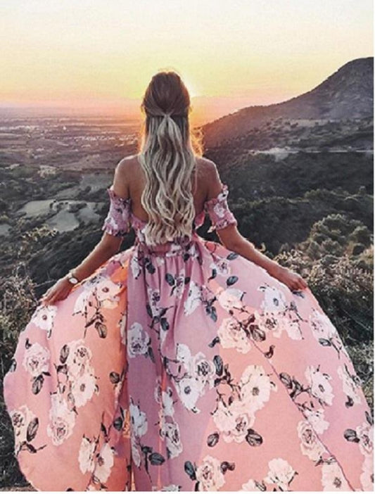 Off Shoulder High Split Floral Boho Causal Dress