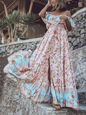 the-shoulder Bohemia Maxi Chiffon Floral Print Dress Beach Style Vacation Dress