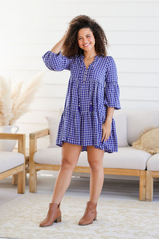 Natalie Dress - Checkered Navy