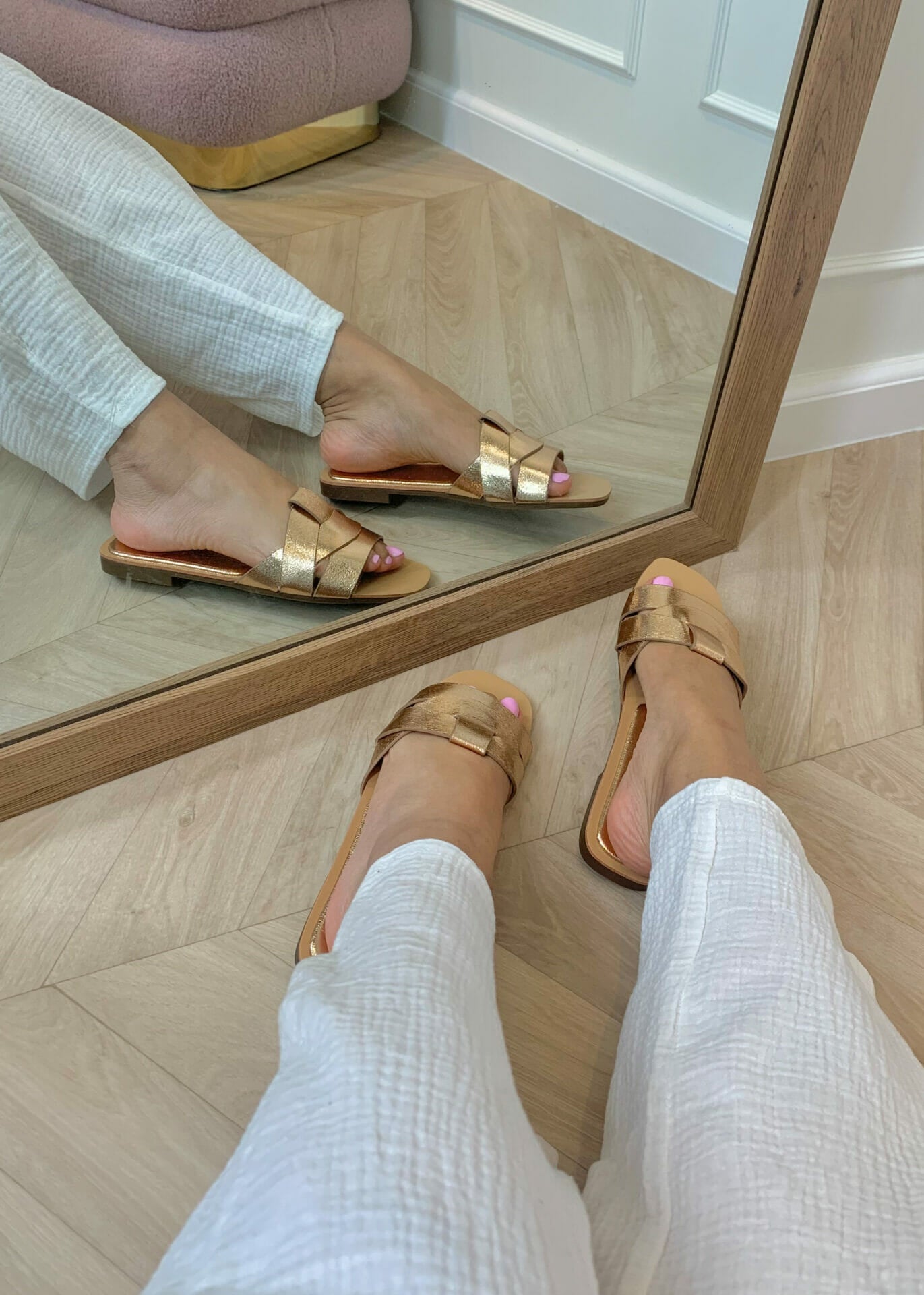 Ivyshape | Metallic Slippers In Champagne