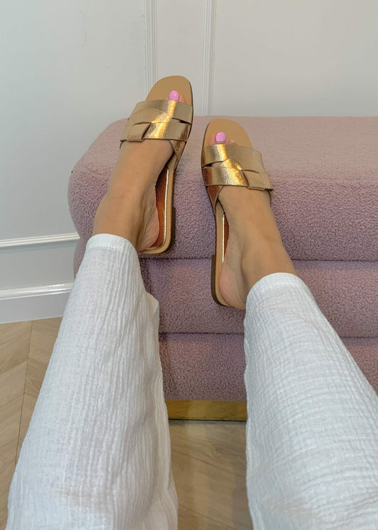 Ivyshape | Metallic Slippers In Champagne