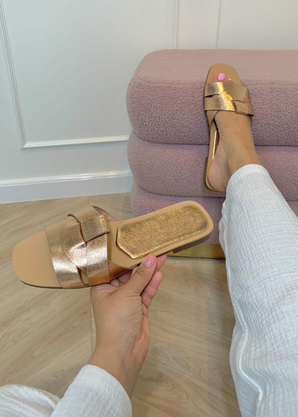 Ivyshape | Metallic Slippers In Champagne