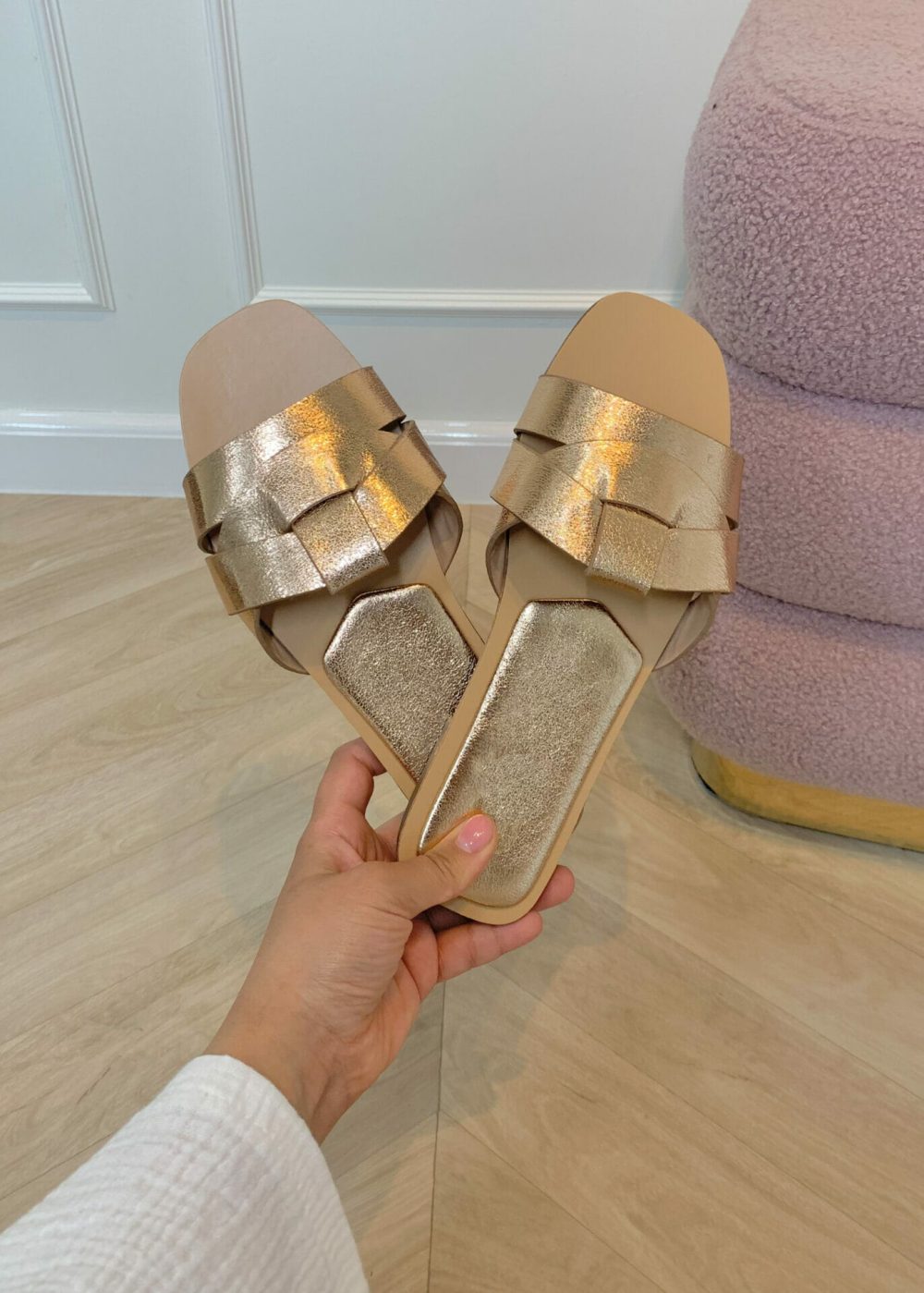 Ivyshape | Metallic Slippers In Champagne