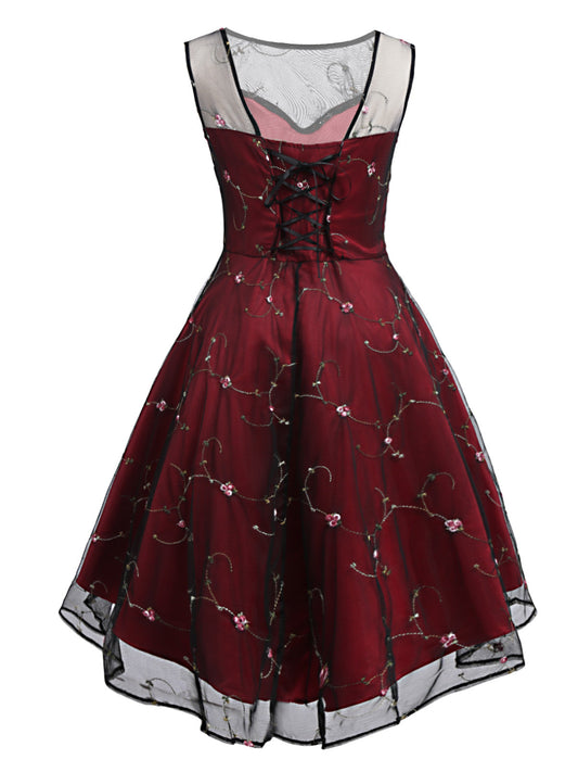 Wine Red Mesh Hi-Lo Back Lace Up Dress