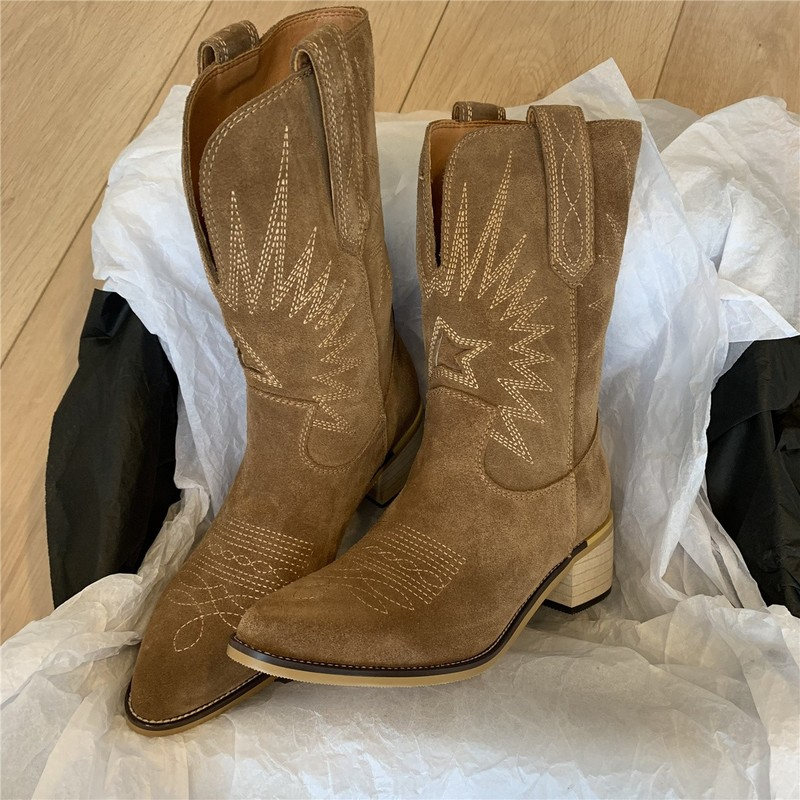 Ivyshape | Western Retro Embroidered Leather Cowboy Boots for Women