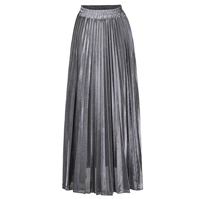 Ivyshape | Metallic Shine Long Pleated Skirt for Women