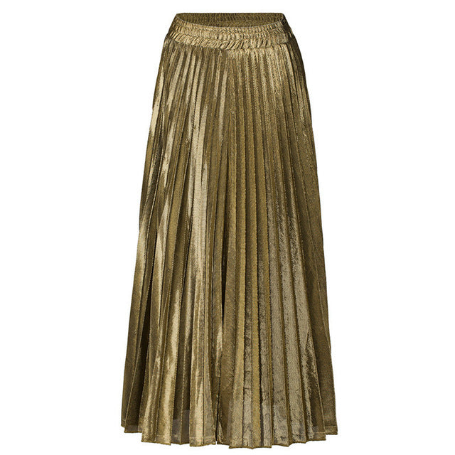 Ivyshape | Metallic Shine Long Pleated Skirt for Women