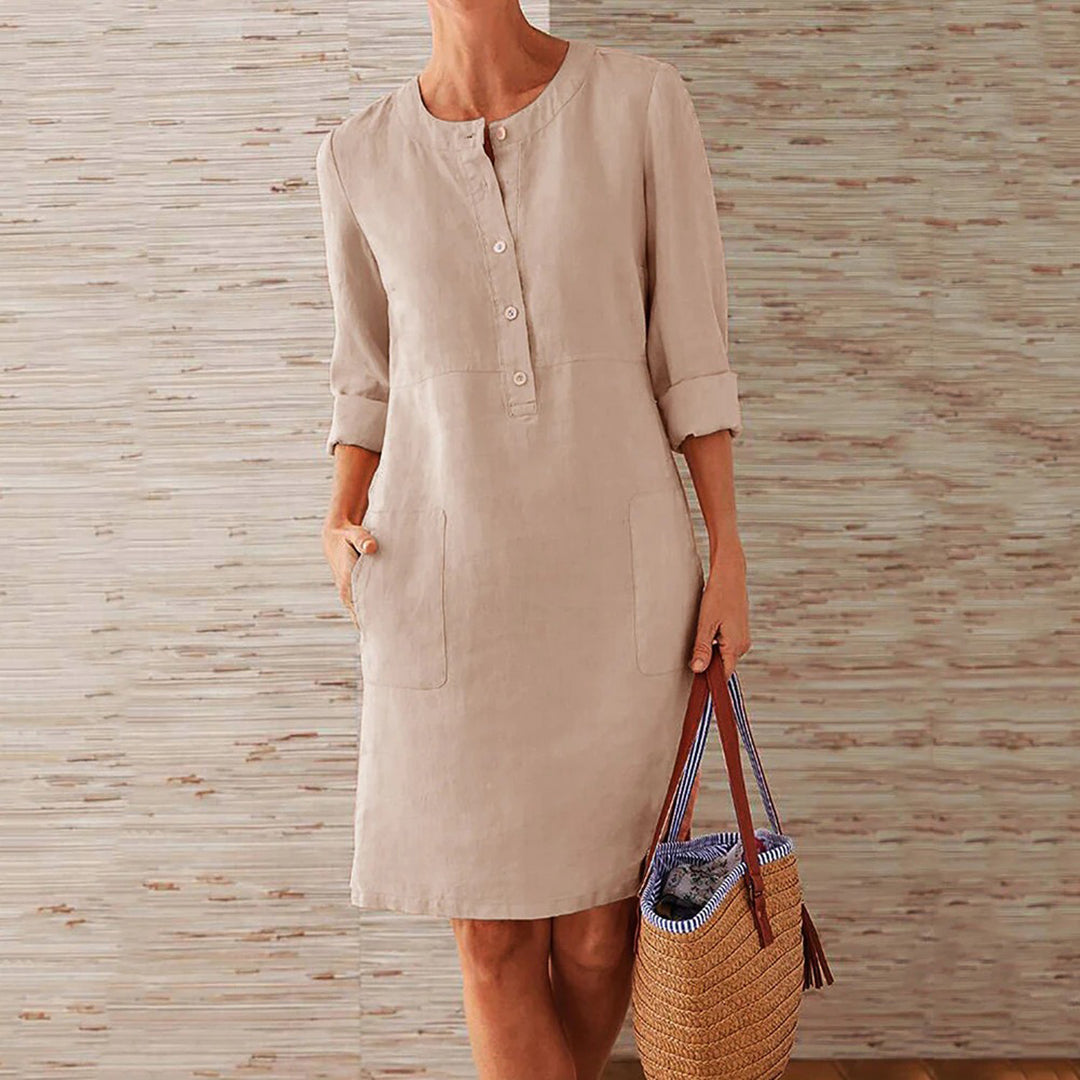 Ivyshape | Long-sleeved dress made of cotton and linen