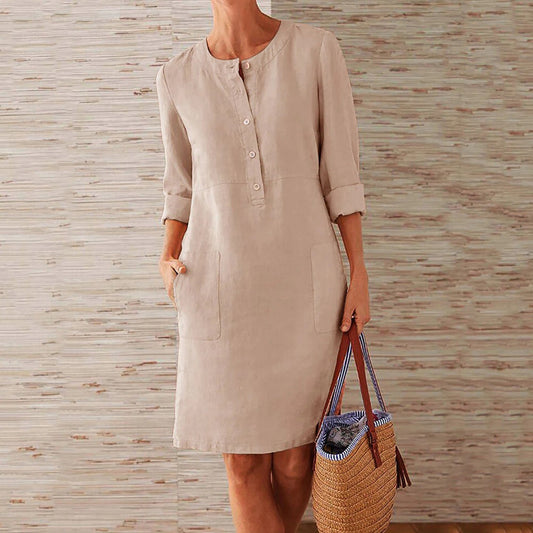 Ivyshape | Long-sleeved dress made of cotton and linen