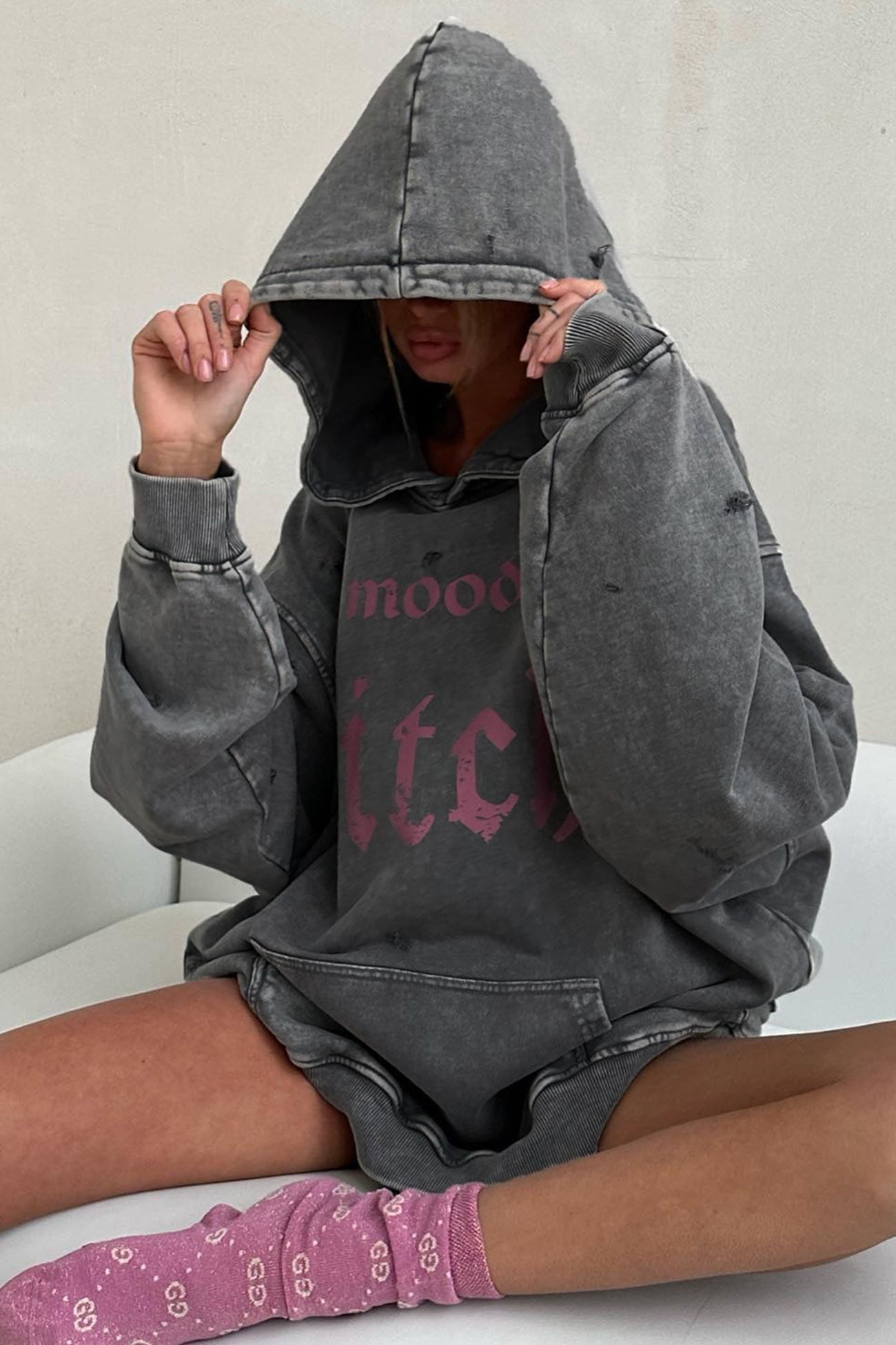 Print Distressed Hoodie