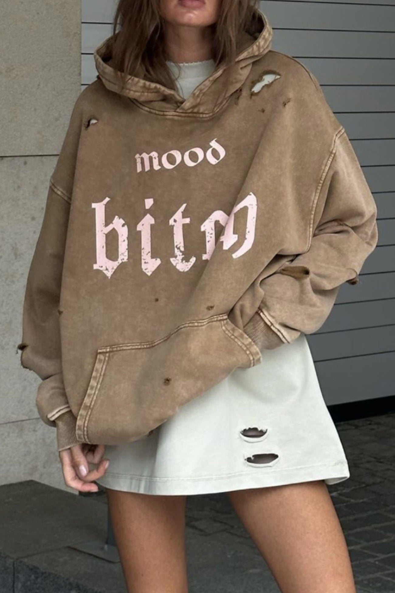 Print Distressed Hoodie