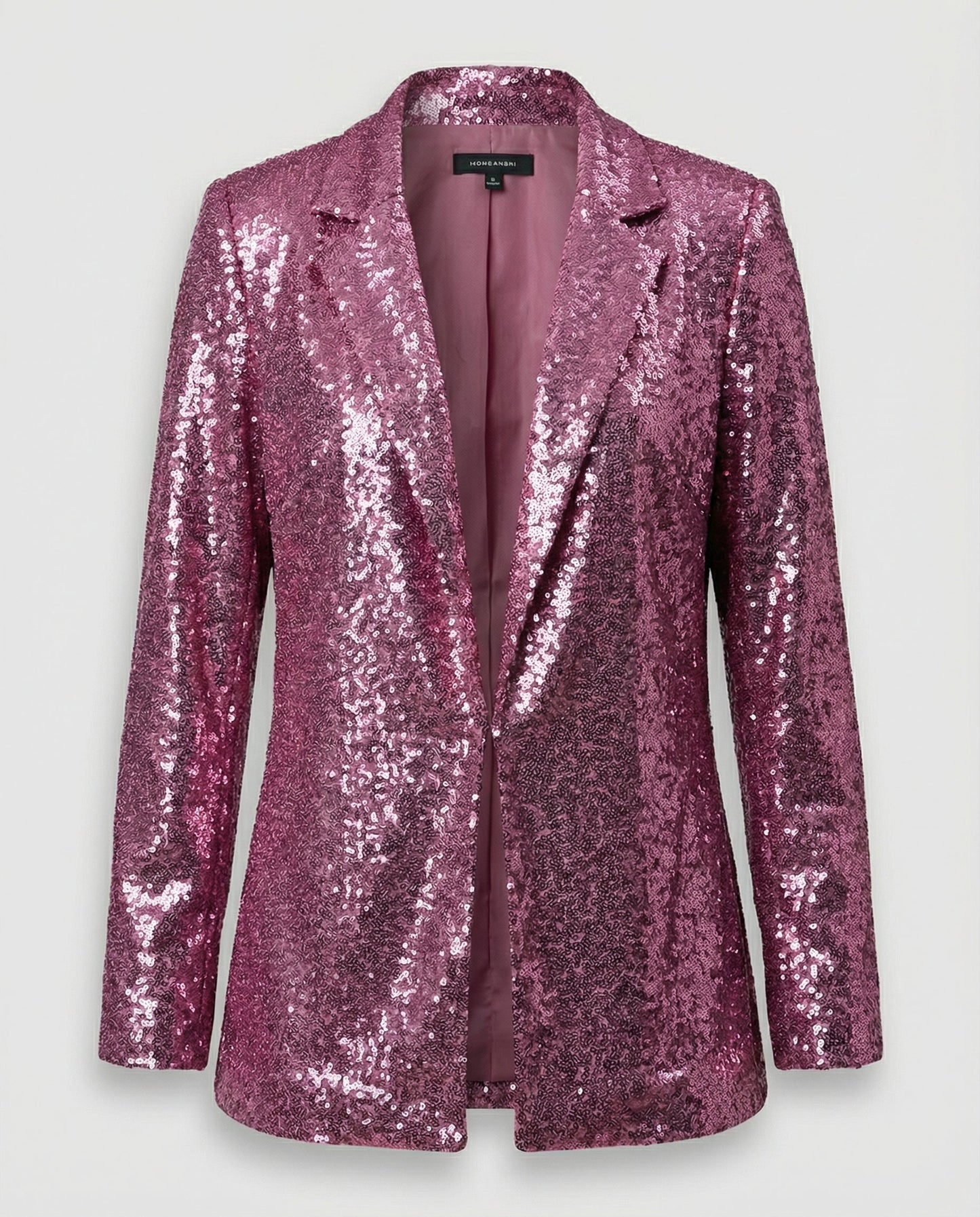 sequin blazer with padded shoulders, open front design, and fully lined construction.