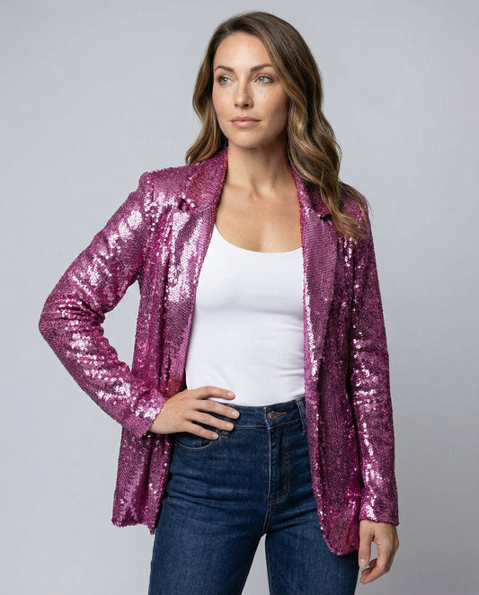sequin blazer with padded shoulders, open front design, and fully lined construction.