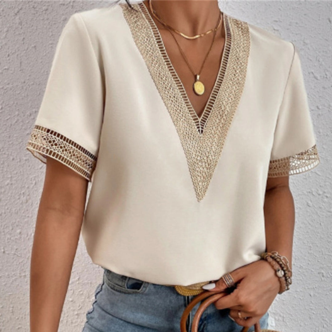 Ivyshape | Women's V Neck Gold Accent Blouse Short Sleeves