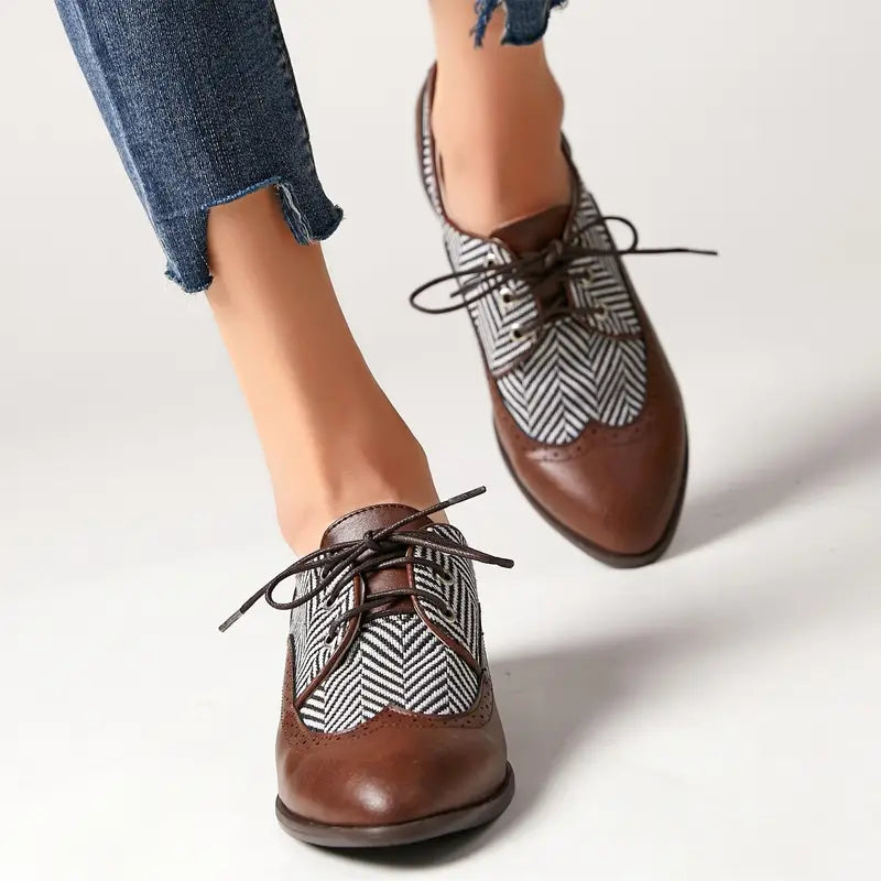 Ivyshape | Striped Lace-up Shoes Made of Leather for Women