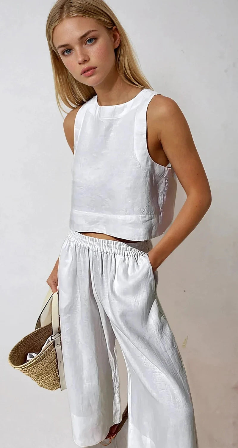 Ivyshape | Stylish Women's Crop Tank Top and Wide-Leg Pants Set for Effortless Elegance