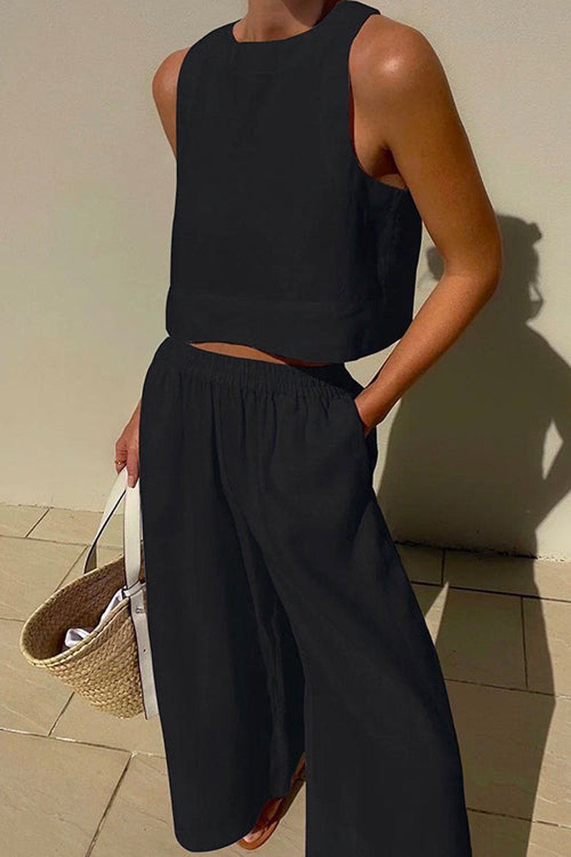 Ivyshape | Stylish Women's Crop Tank Top and Wide-Leg Pants Set for Effortless Elegance