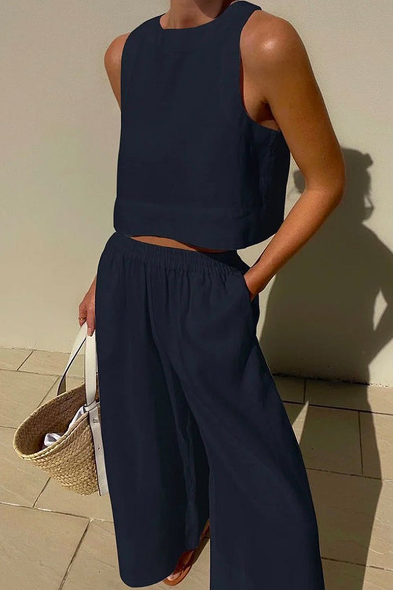 Ivyshape | Stylish Women's Crop Tank Top and Wide-Leg Pants Set for Effortless Elegance