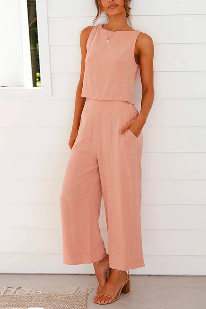 Ivyshape | Stylish Women's Crop Tank Top and Wide Leg Pants Set with Pockets