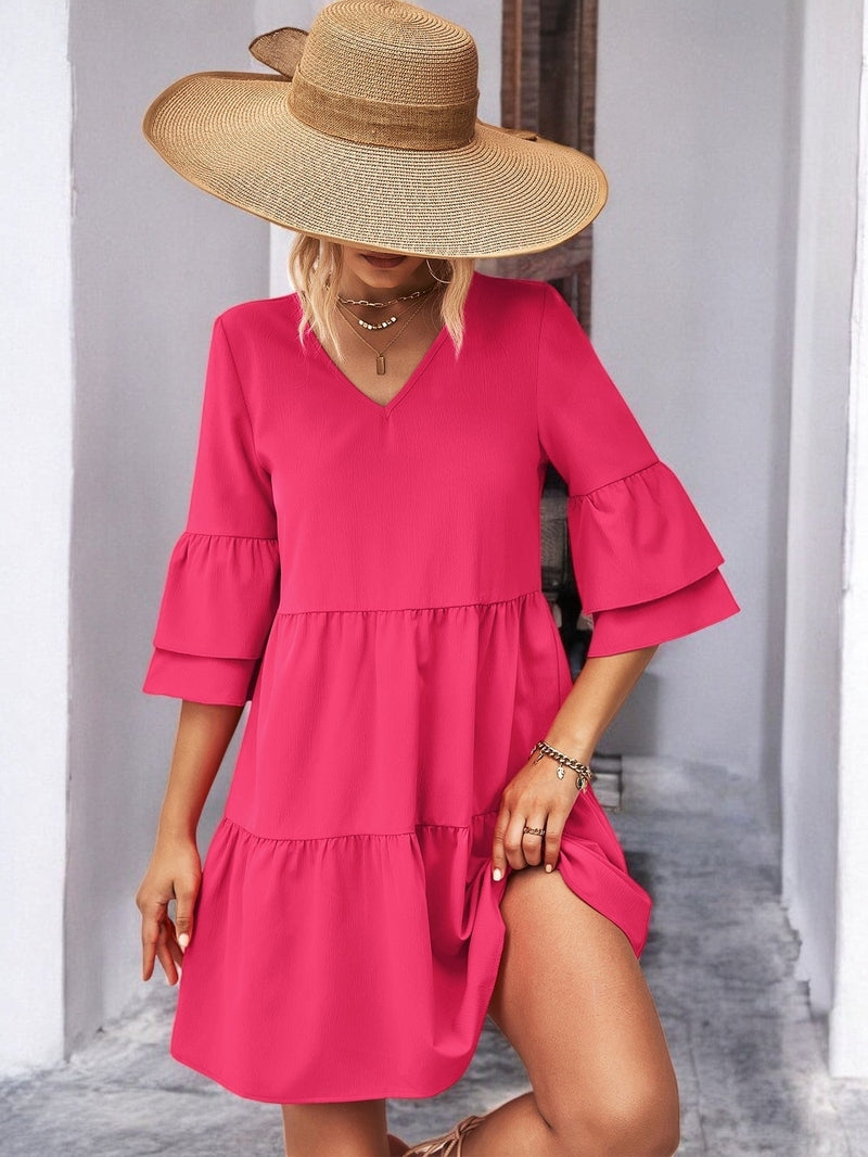 Ivyshape | Stylish V-Neck Flare Sleeve Mini Dress for Every Occasion