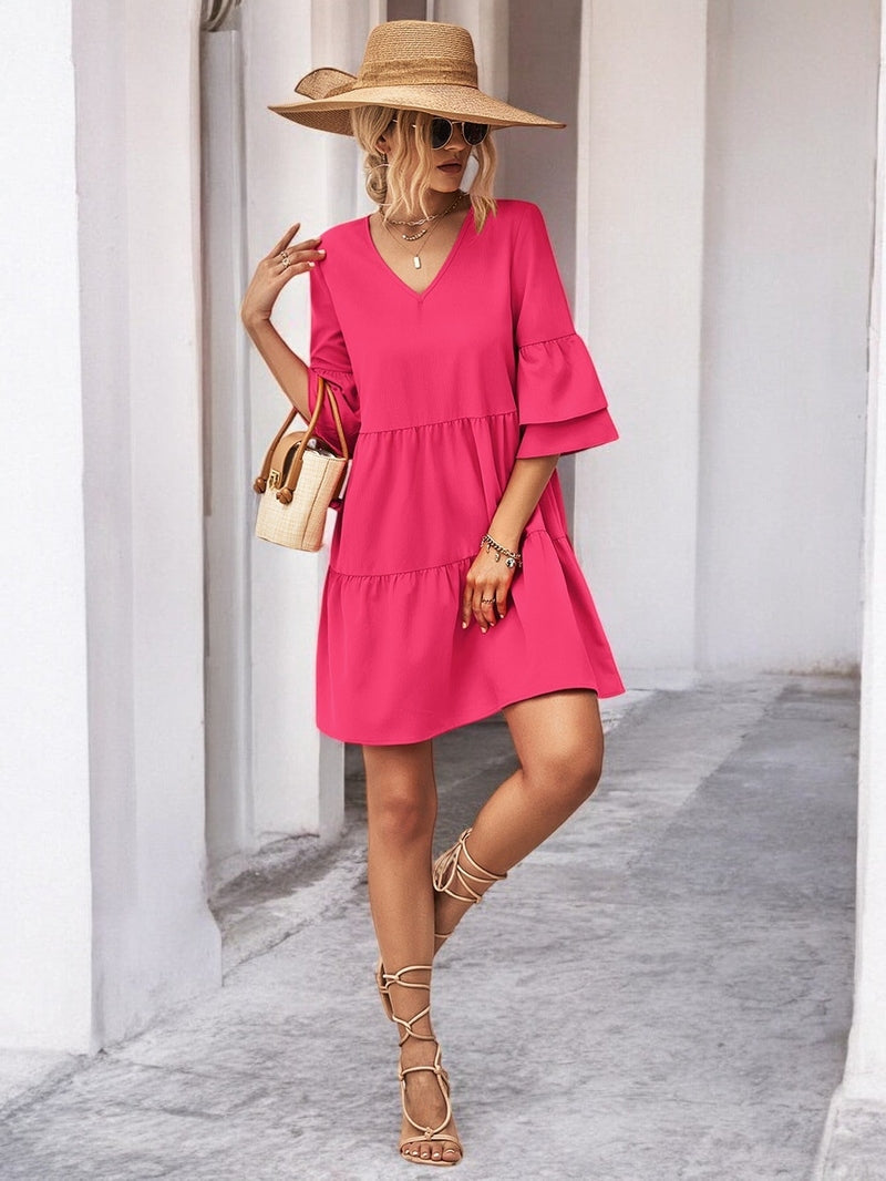 Ivyshape | Stylish V-Neck Flare Sleeve Mini Dress for Every Occasion