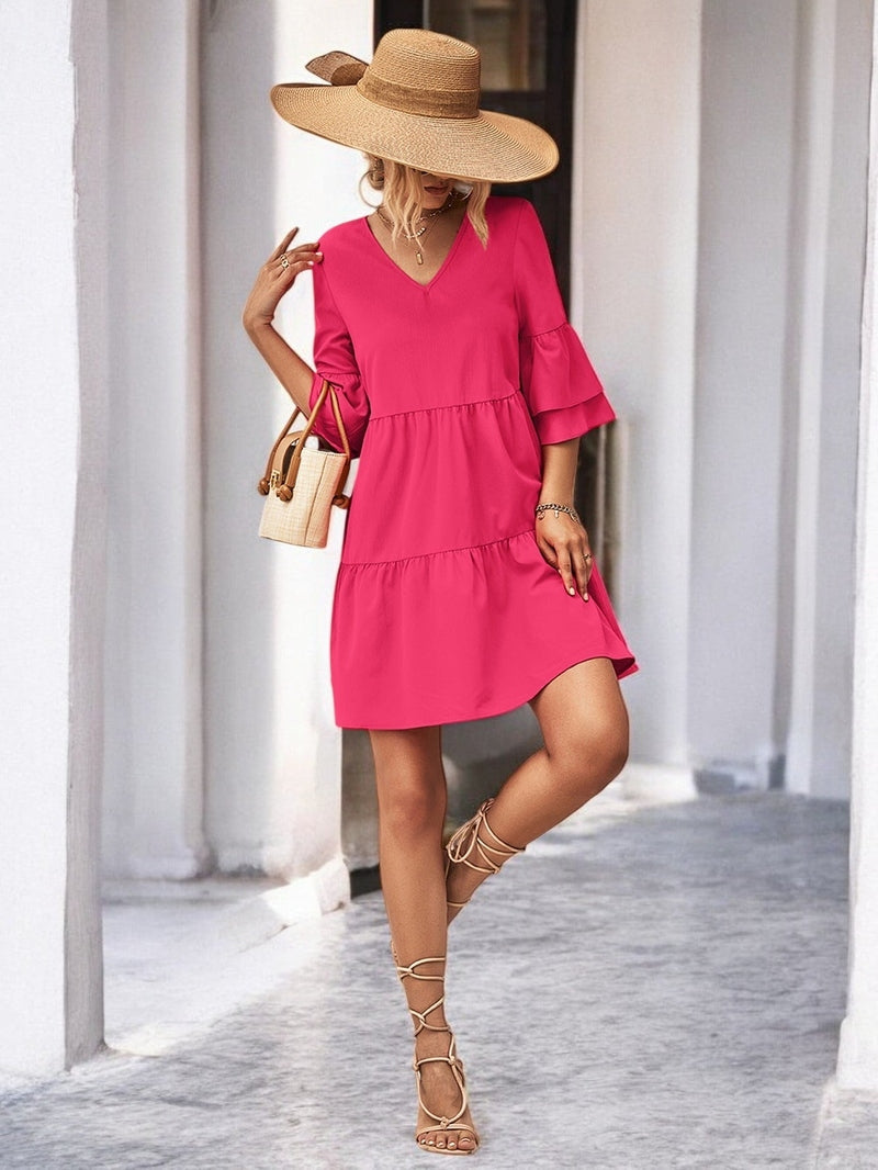 Ivyshape | Stylish V-Neck Flare Sleeve Mini Dress for Every Occasion