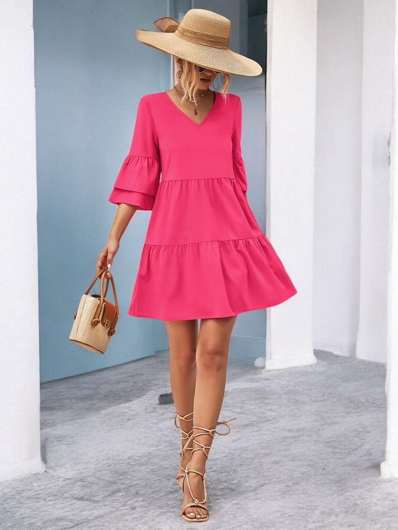 Ivyshape | Stylish V-Neck Flare Sleeve Mini Dress for Every Occasion