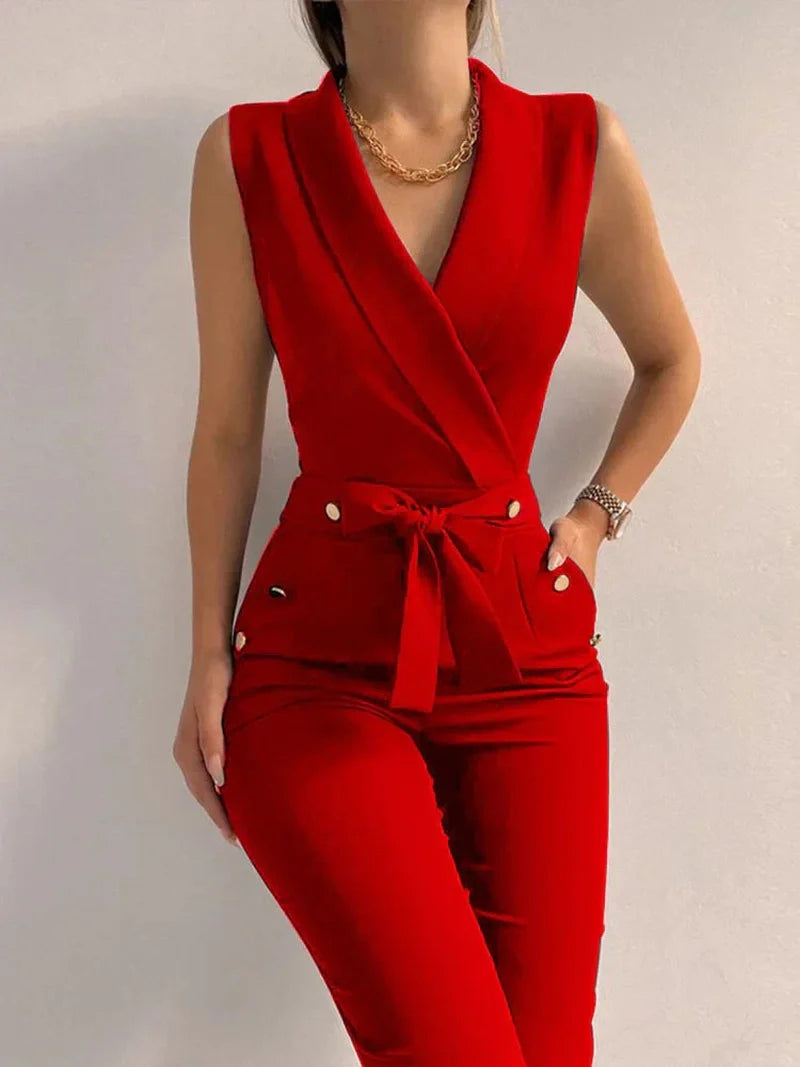 Ivyshape | Stylish Wide-Leg Jumpsuit with Flattering V-Neck Design