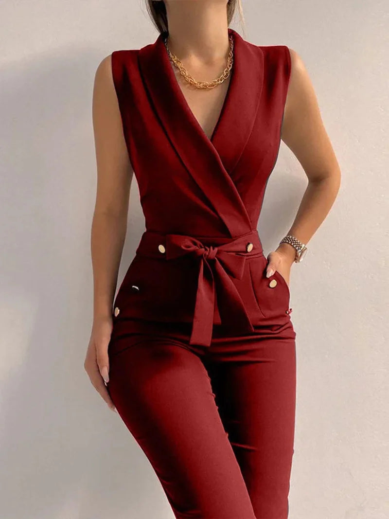 Ivyshape | Stylish Wide-Leg Jumpsuit with Flattering V-Neck Design