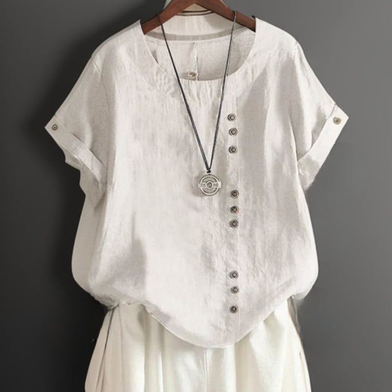 Ivyshape | Stylish Linen T-Shirt with Chic Button Details and Relaxed Fit