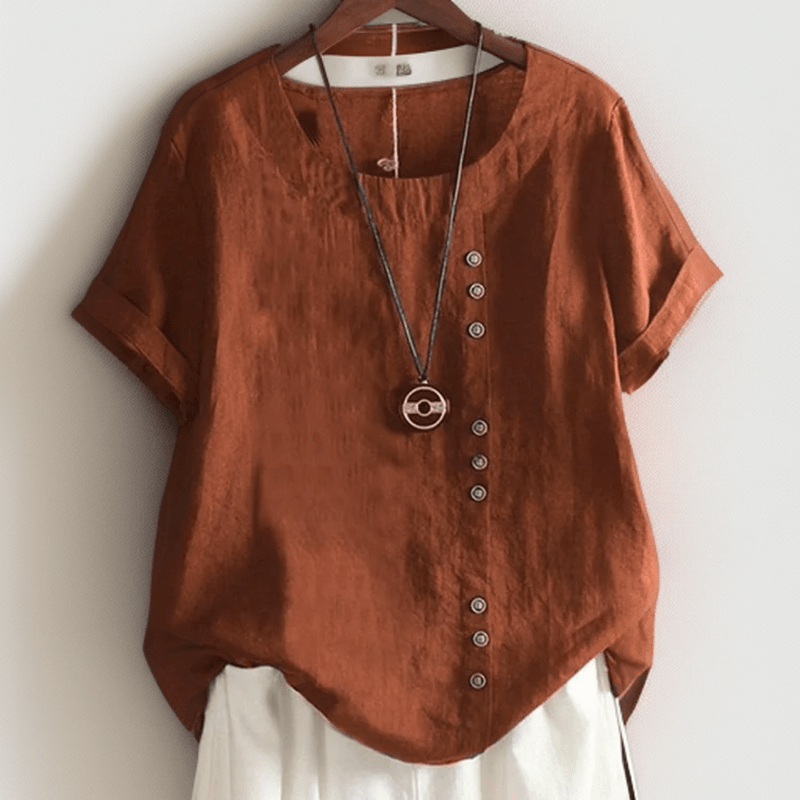 Ivyshape | Stylish Linen T-Shirt with Chic Button Details and Relaxed Fit