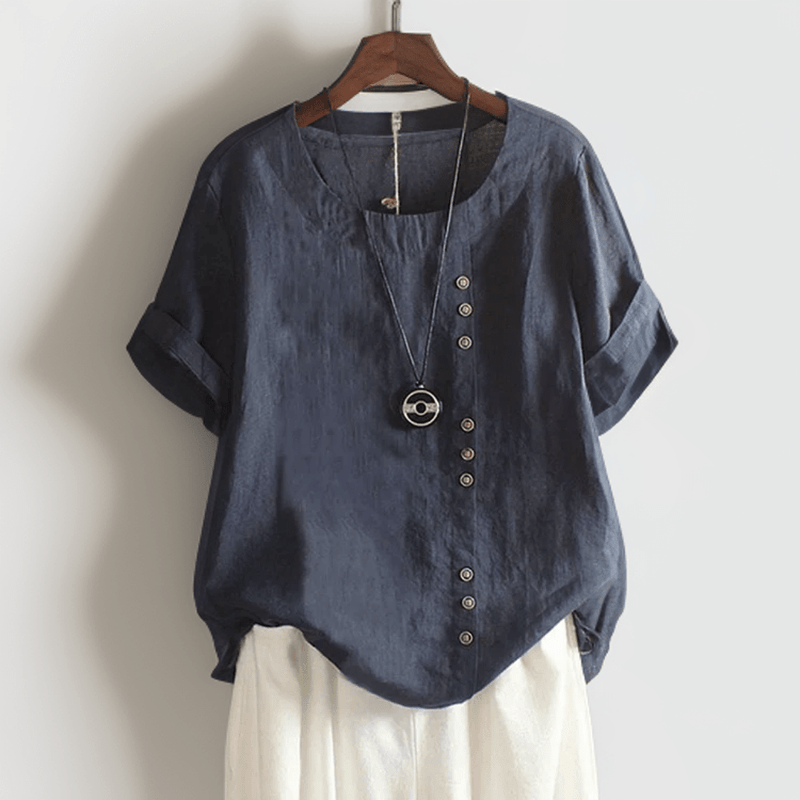 Ivyshape | Stylish Linen T-Shirt with Chic Button Details and Relaxed Fit