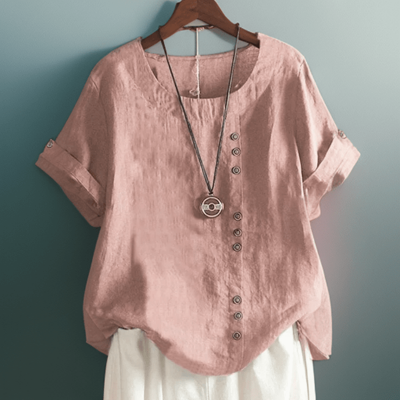 Ivyshape | Stylish Linen T-Shirt with Chic Button Details and Relaxed Fit