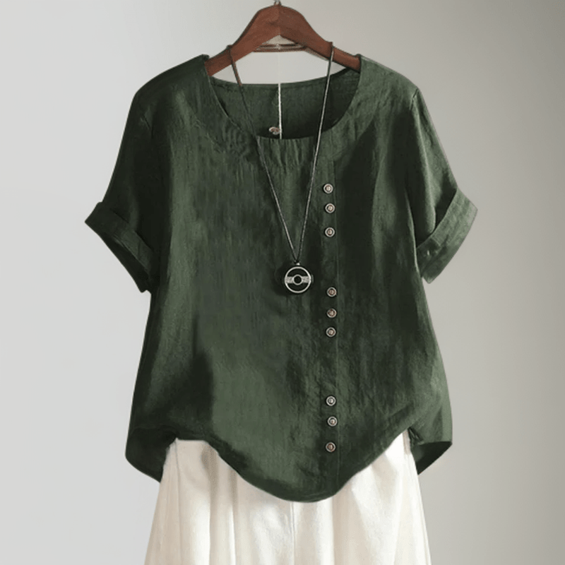 Ivyshape | Stylish Linen T-Shirt with Chic Button Details and Relaxed Fit